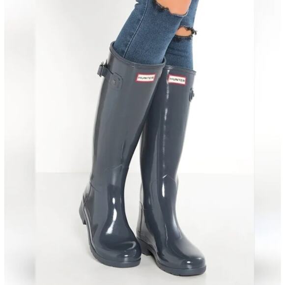 Women's Glossy Gray Hunter Rain Boots - Picture 1 of 8